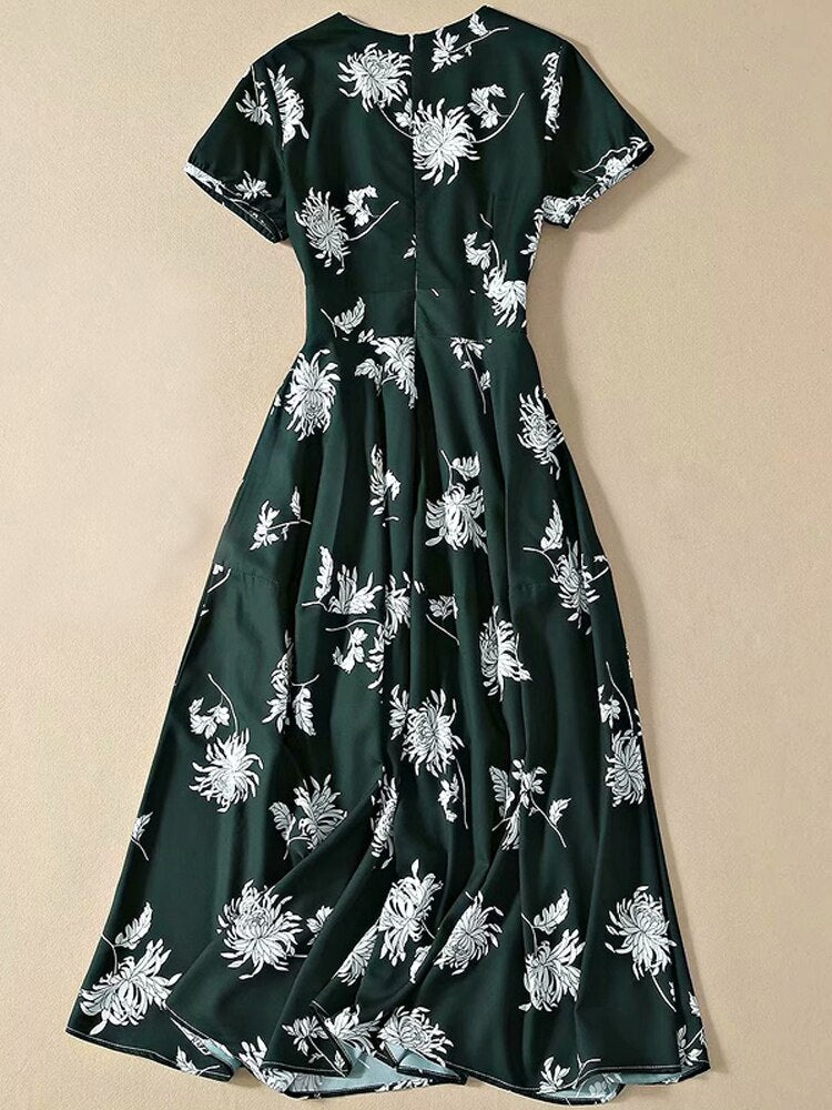 Kate Middleton Dark Green Floral Garden Party Summer Midi Dress