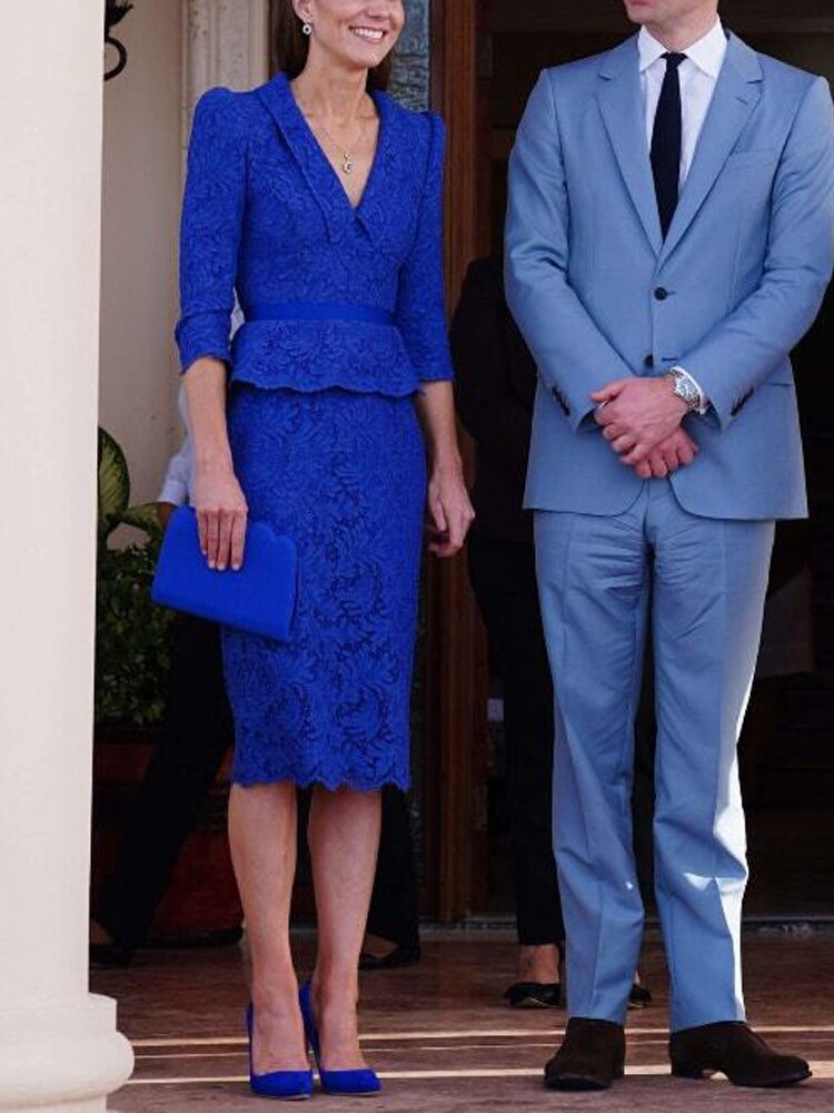 Kate Middleton Royal Blue Lace Peplum Pencil Dress V Neck Dress The Royal Tour