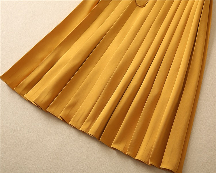 Kate Middleton Yellow Ochre Structured Crepe Pleated Belted Midi Dress