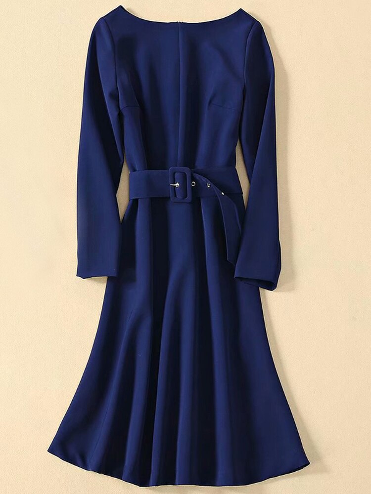 Kate Middleton Blue Belted Fit Flare Autumn Long Sleeve Dress