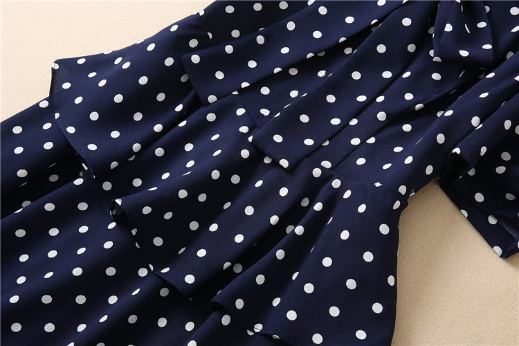 Kate Middleton Navy Blue Polka Dot Puff Sleeve V Neck Midi Dress