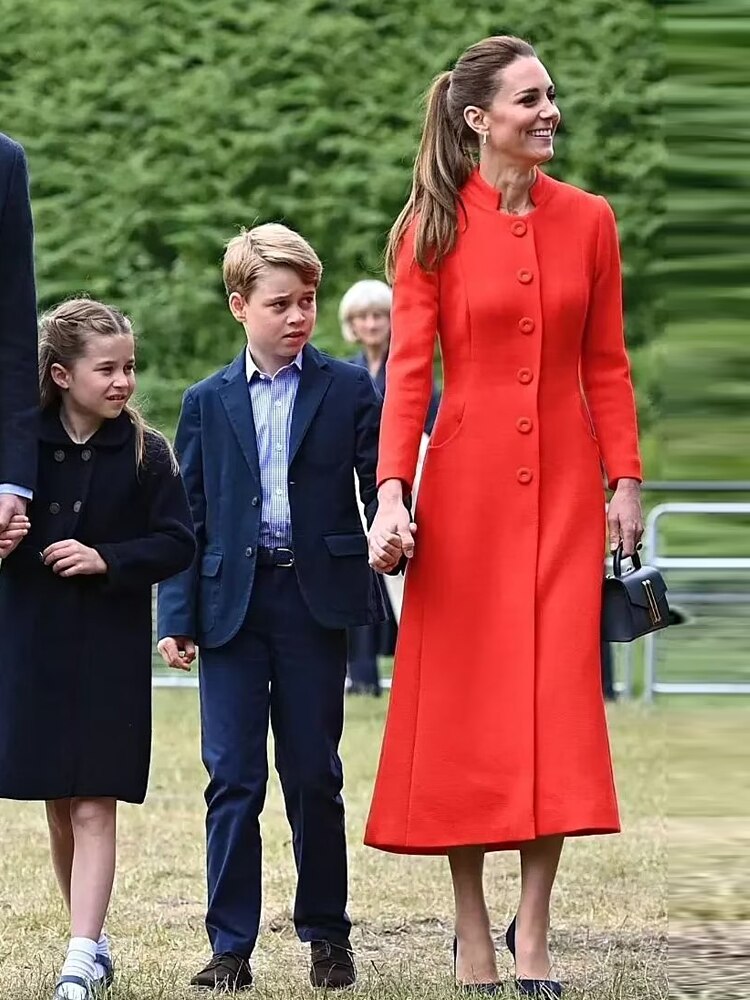 Kate Middleton Red Button Trench Coat Midi Long Jacket