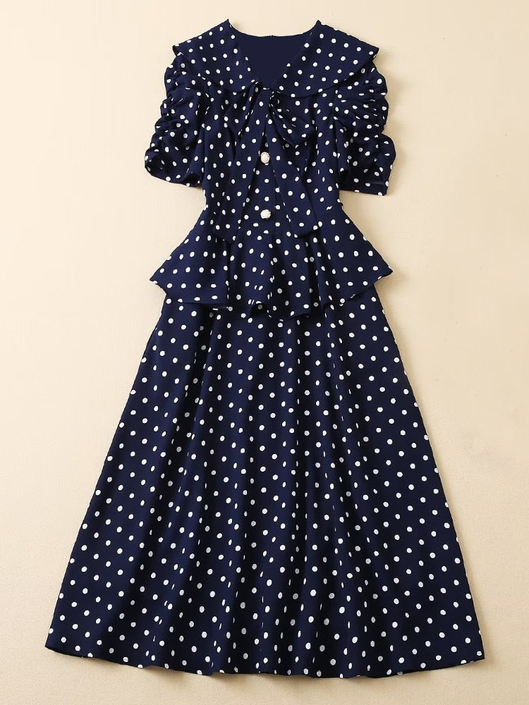 Kate Middleton Navy Blue Polka Dot Puff Sleeve V Neck Midi Dress