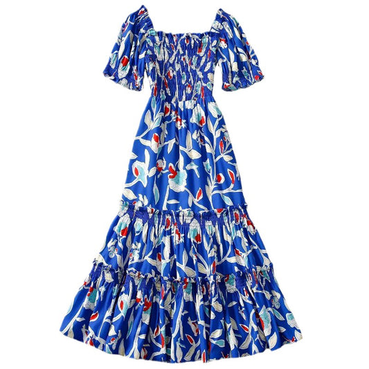 Kate Middleton Belize Bohemium Holiday Dress Painted Roses Blue Floral Midi Smocked Summer Dress