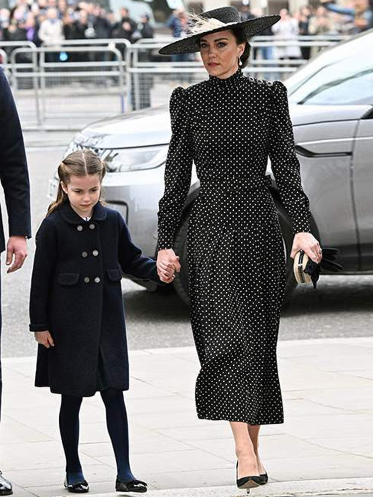 Kate Middleton Navy Blue Polka Dot Vintage Midi Pleated Dress Funeral opalroyaleclothing Kate Middleton Navy Blue Polka Dot Vintage Midi Pleated Dress Funeral opalroyaleclothing
