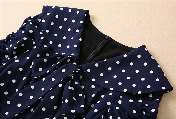 Kate Middleton Navy Blue Polka Dot Puff Sleeve V Neck Midi Dress