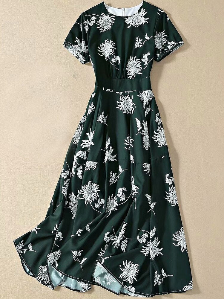 Kate Middleton Dark Green Floral Garden Party Summer Midi Dress