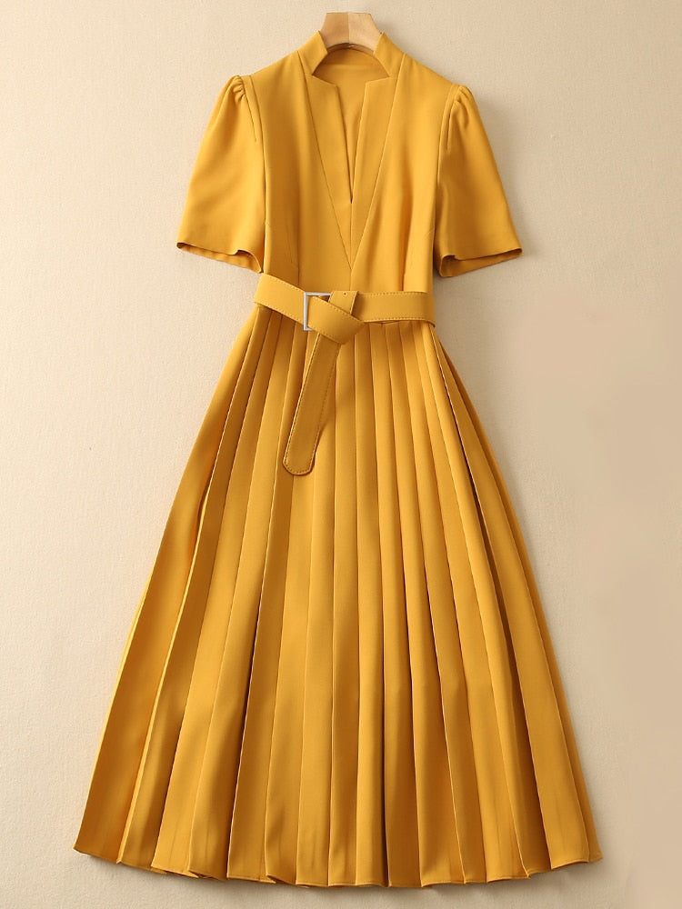 Kate Middleton Yellow Ochre Structured Crepe Pleated Belted Midi Dress