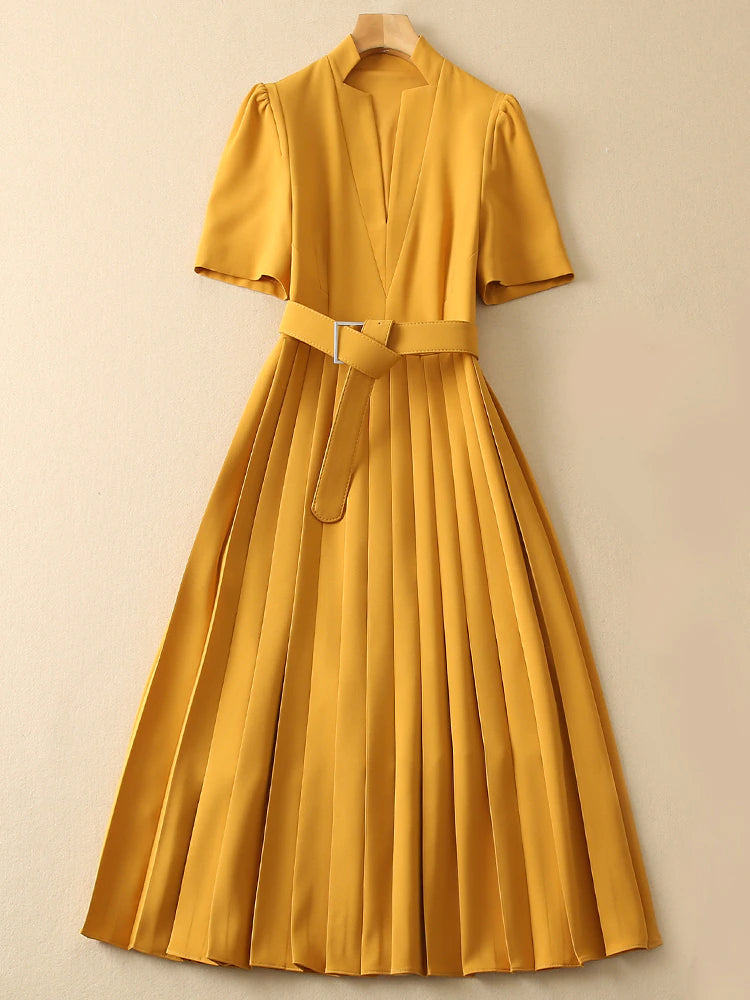 Kate Middleton Yellow Ochre Structured Crepe Pleated Belted Midi Dress