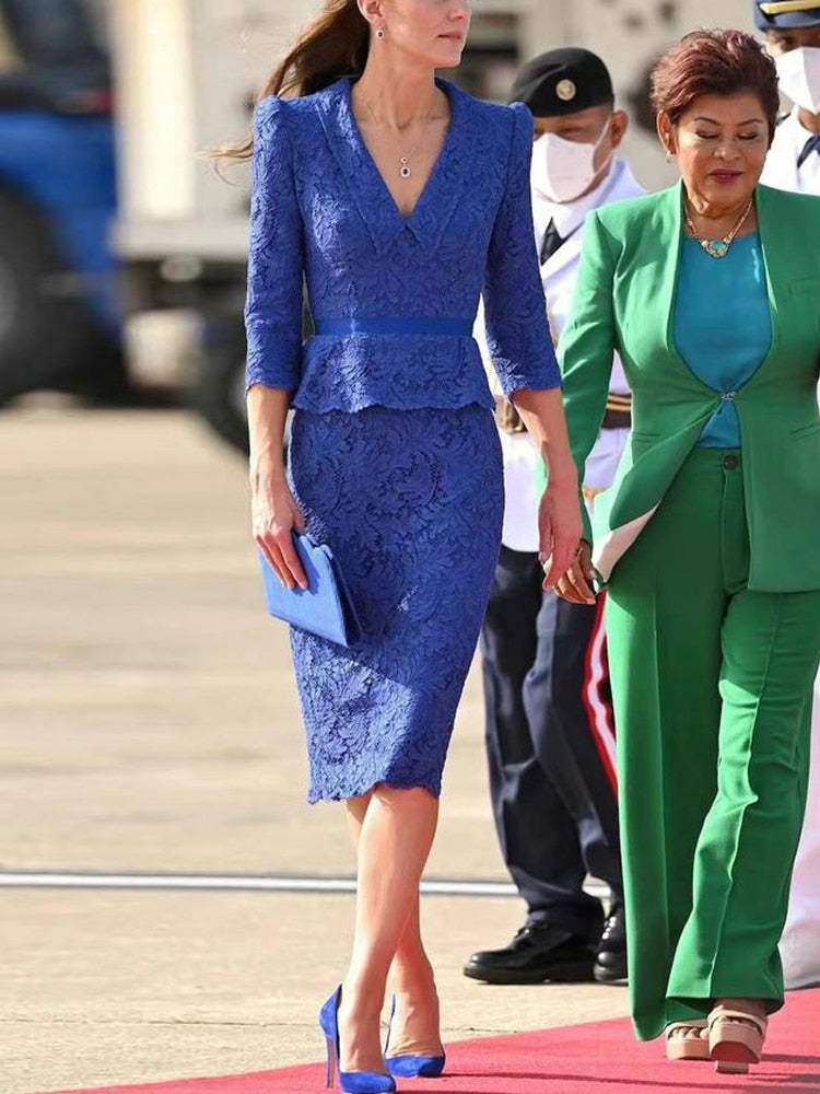 Kate Middleton Royal Blue Lace Peplum Pencil Dress V Neck Dress The Royal Tour