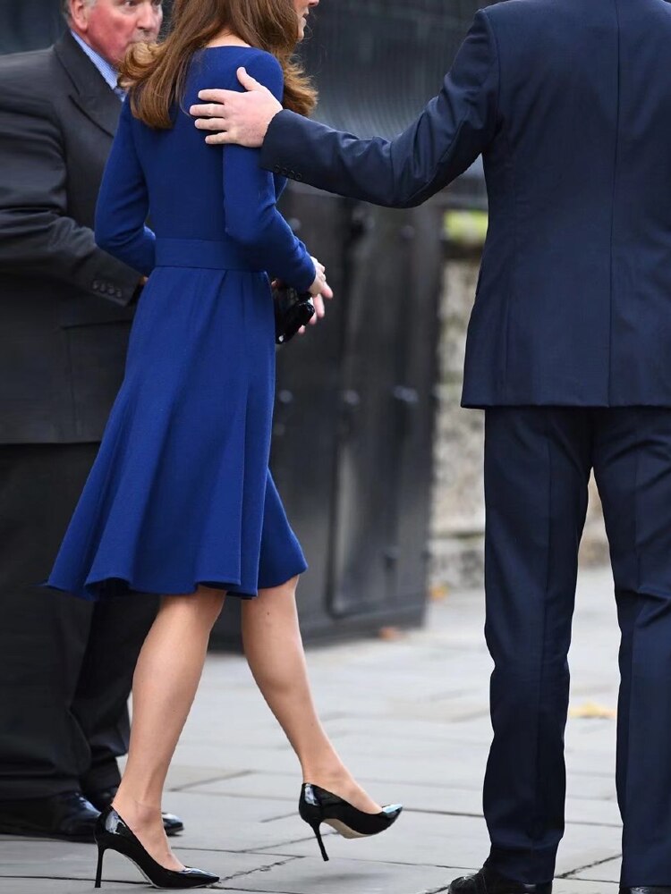 Kate Middleton Blue Belted Fit Flare Autumn Long Sleeve Dress