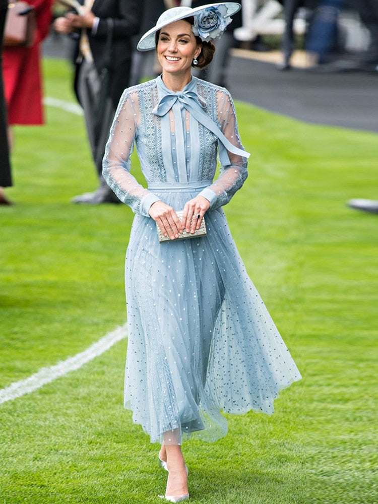 Kate Middleton Light Blue Voile Lace Midi Dress Ascot Wedding Occasion Dress