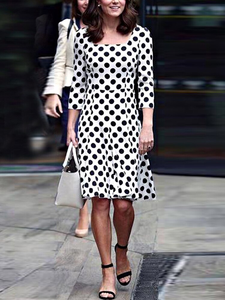 Kate Middleton White Black Polka Dot Square Neck Dress