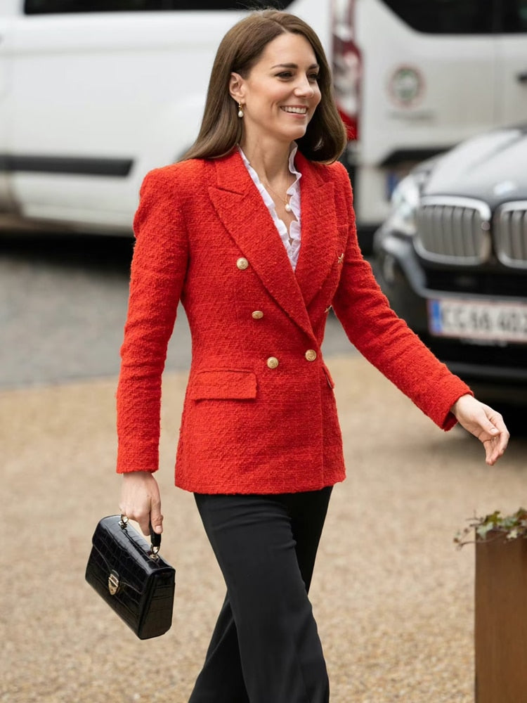 Kate Middleton Red Military Gold Button Tweed Blazer Jacket