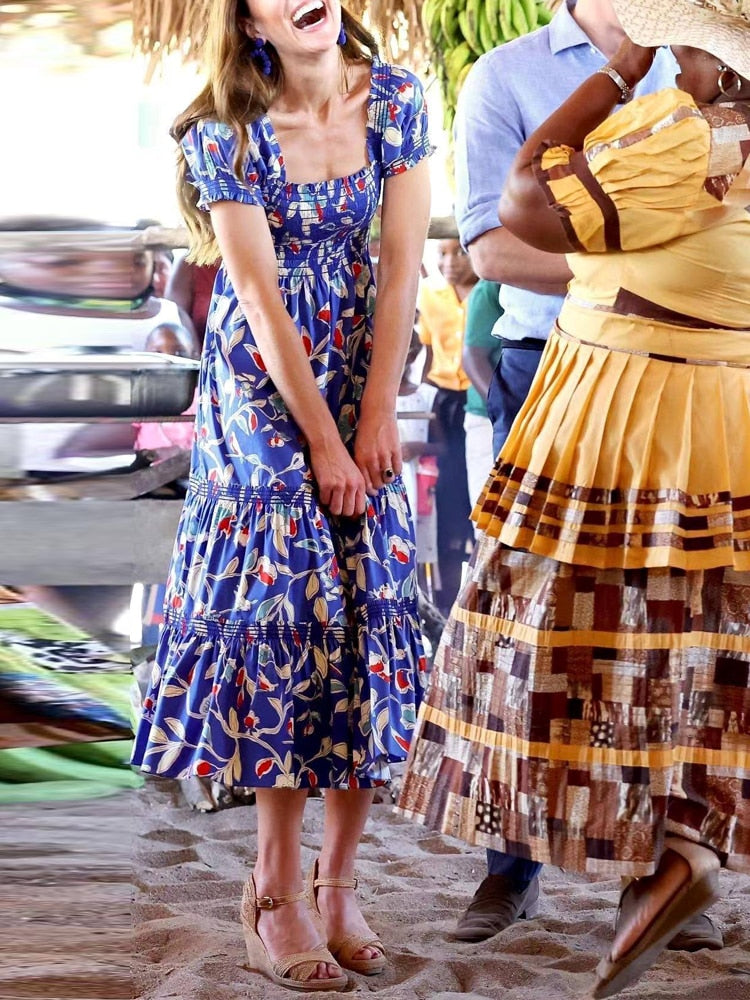 Kate Middleton Belize Bohemium Holiday Dress Painted Roses Blue Floral Midi Smocked Summer Dress