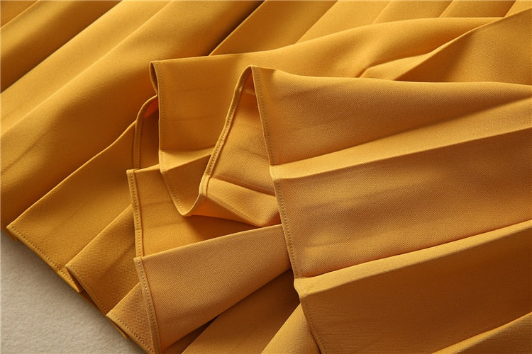 Kate Middleton Yellow Ochre Structured Crepe Pleated Belted Midi Dress