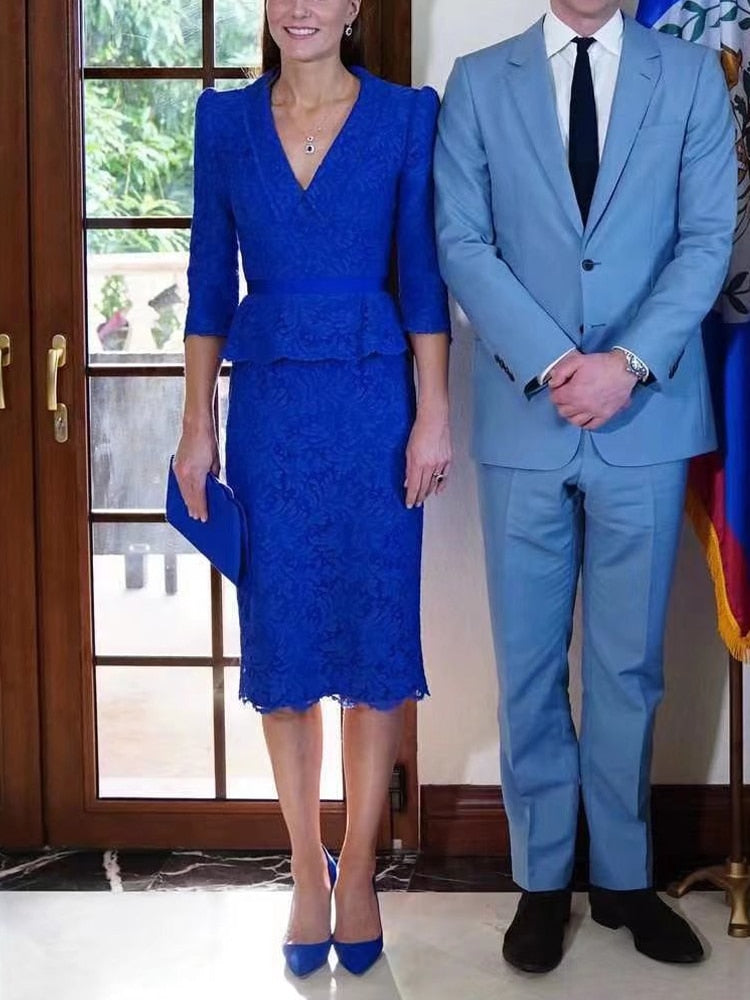 Kate Middleton Royal Blue Lace Peplum Pencil Dress V Neck Dress The Royal Tour