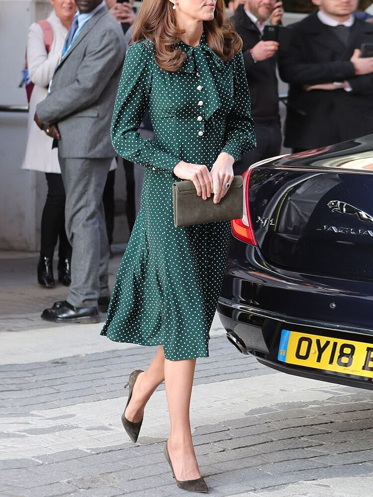 Kate Middleton Emerald Green Polka Dot Pussy Bow Fit Flare Dress Mortimer