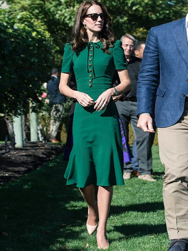 Kate Middleton Emerald Green Gold Button Mermaid Dress