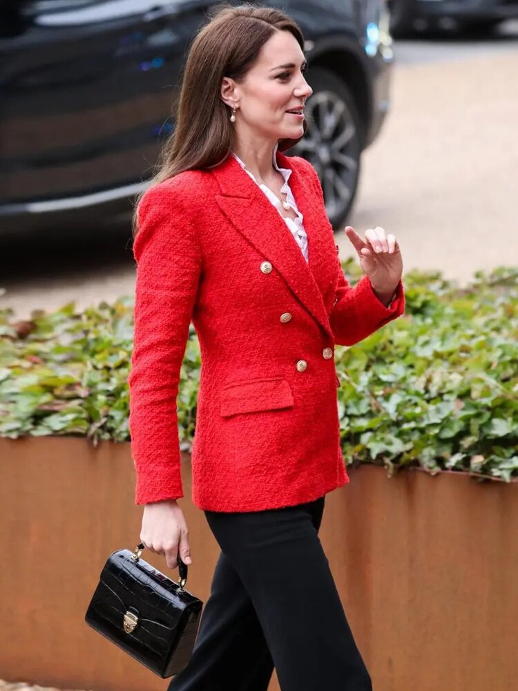 Kate Middleton Red Military Gold Button Tweed Blazer Jacket