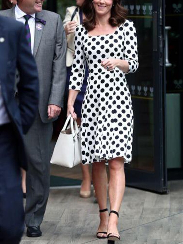 Kate Middleton White Black Polka Dot Square Neck Dress
