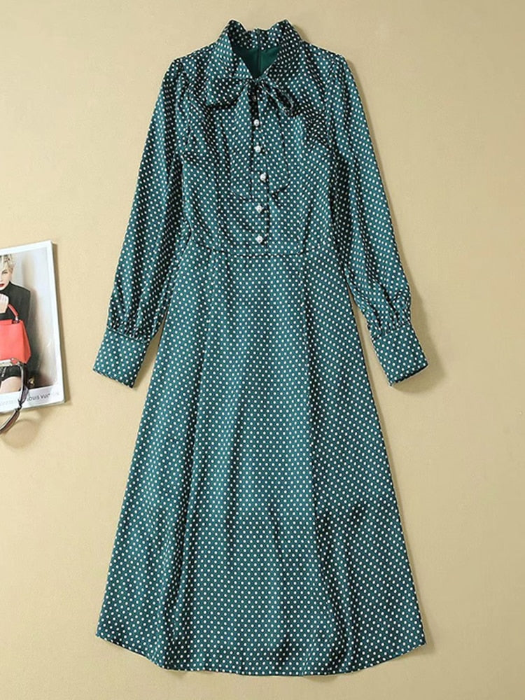 Kate Middleton Emerald Green Polka Dot Pussy Bow Fit Flare Dress Mortimer
