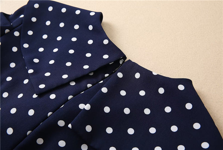 Kate Middleton Navy Blue Polka Dot Puff Sleeve V Neck Midi Dress