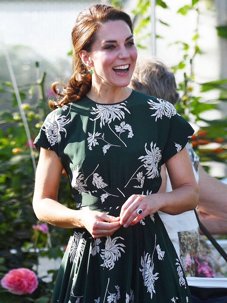 Kate Middleton Dark Green Floral Garden Party Summer Midi Dress