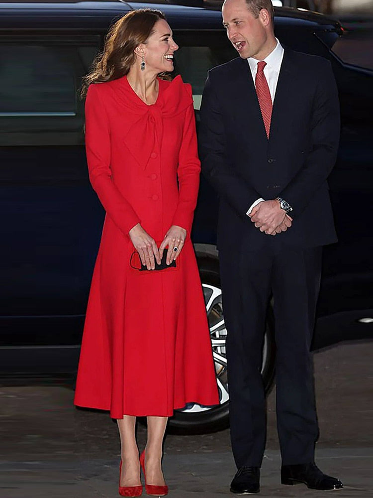 Kate Middleton Red Bow Neck Midi Long Red Coat Dress