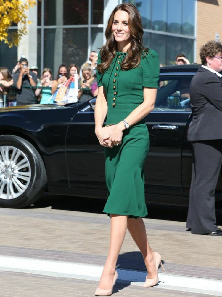 Kate Middleton Emerald Green Gold Button Mermaid Dress