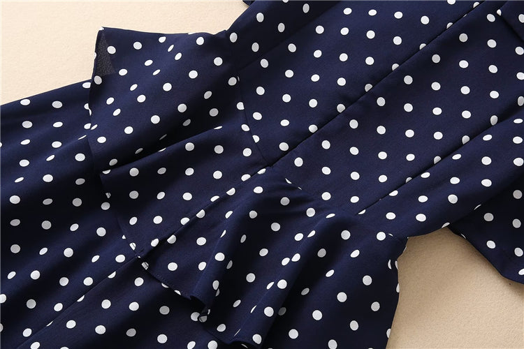 Kate Middleton Navy Blue Polka Dot Puff Sleeve V Neck Midi Dress