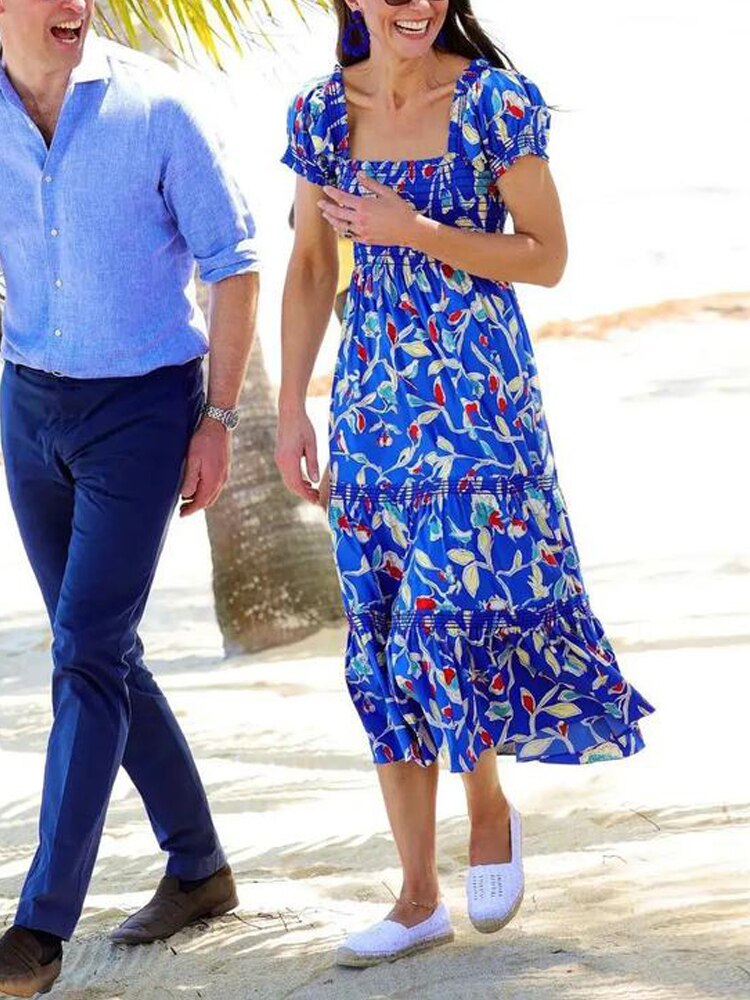 Kate Middleton Belize Bohemium Holiday Dress Painted Roses Blue Floral Midi Smocked Summer Dress