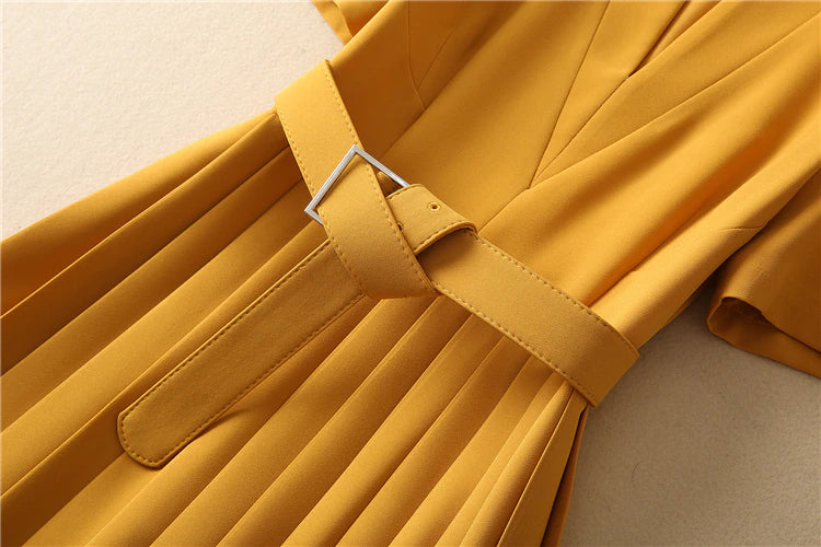 Kate Middleton Yellow Ochre Structured Crepe Pleated Belted Midi Dress