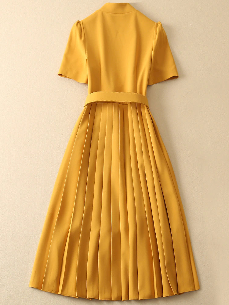 Kate Middleton Yellow Ochre Structured Crepe Pleated Belted Midi Dress