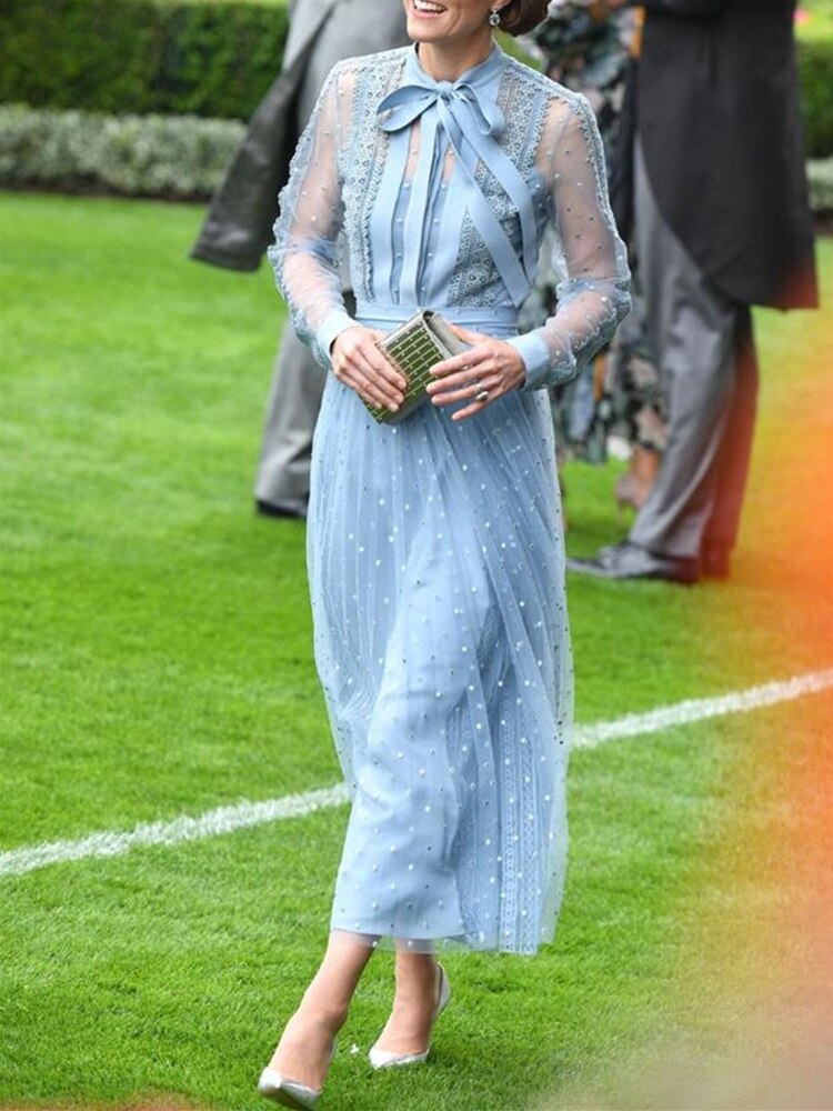 Kate Middleton Light Blue Voile Lace Midi Dress Ascot Wedding Occasion Dress