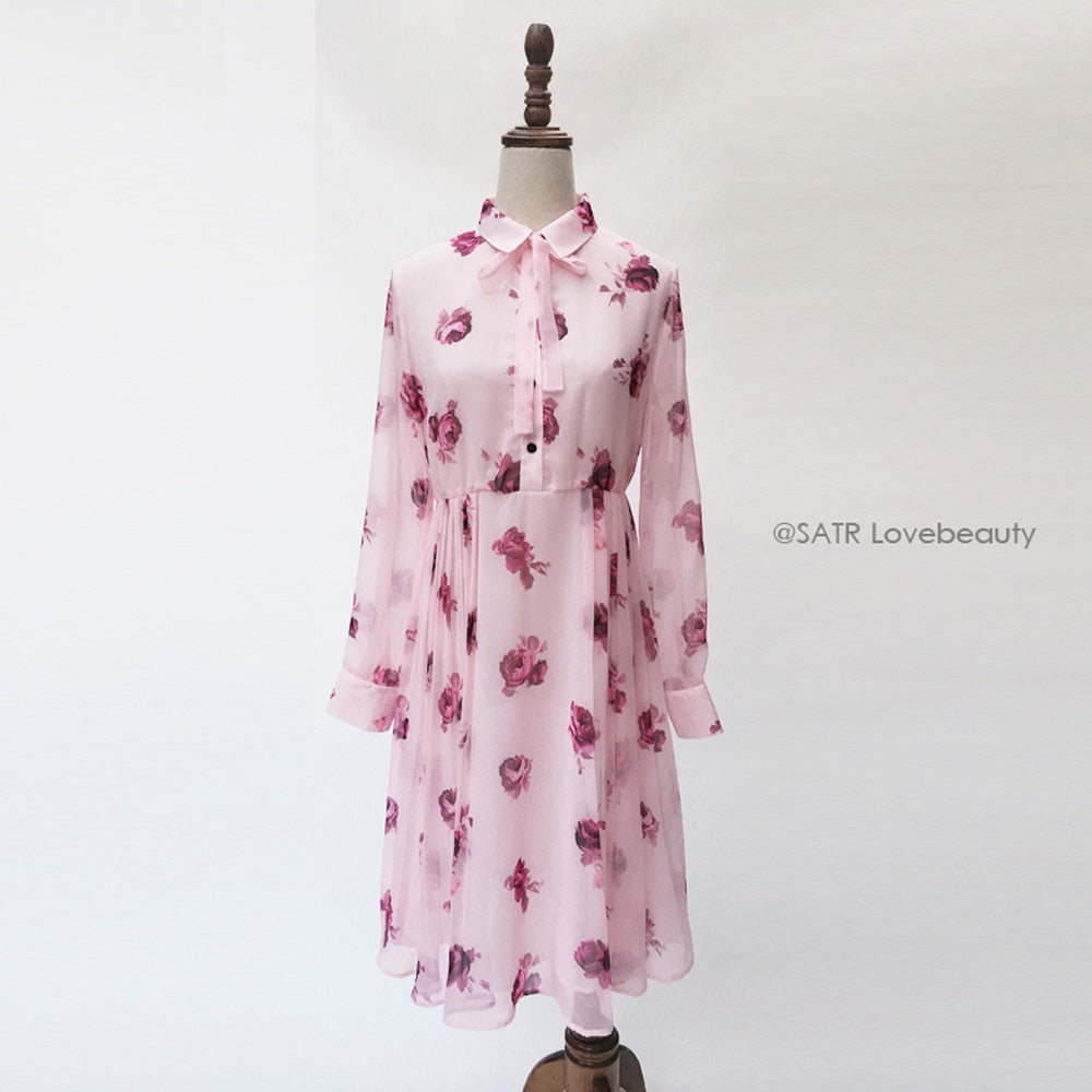 Kate Middleton Pussy Bow Rose Print Floral Chiffon Dress