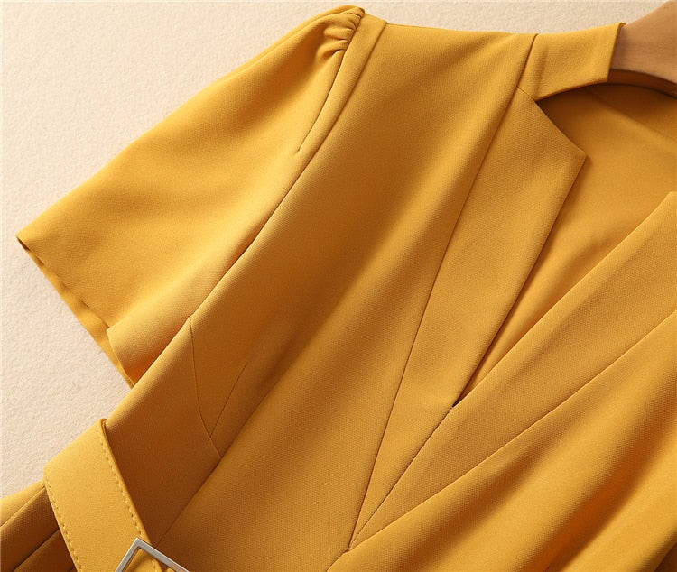 Kate Middleton Yellow Ochre Structured Crepe Pleated Belted Midi Dress