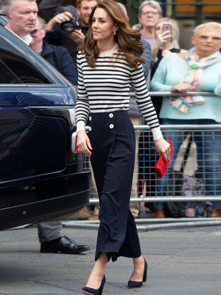 Kate Middleton Sailor Nautical Style Two Piece Striped Sweater Navy Blue Pants Trousers