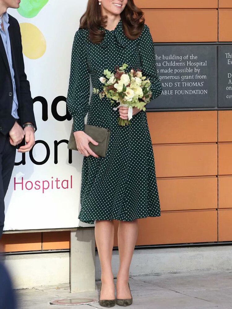 Kate Middleton Emerald Green Polka Dot Pussy Bow Fit Flare Dress Mortimer