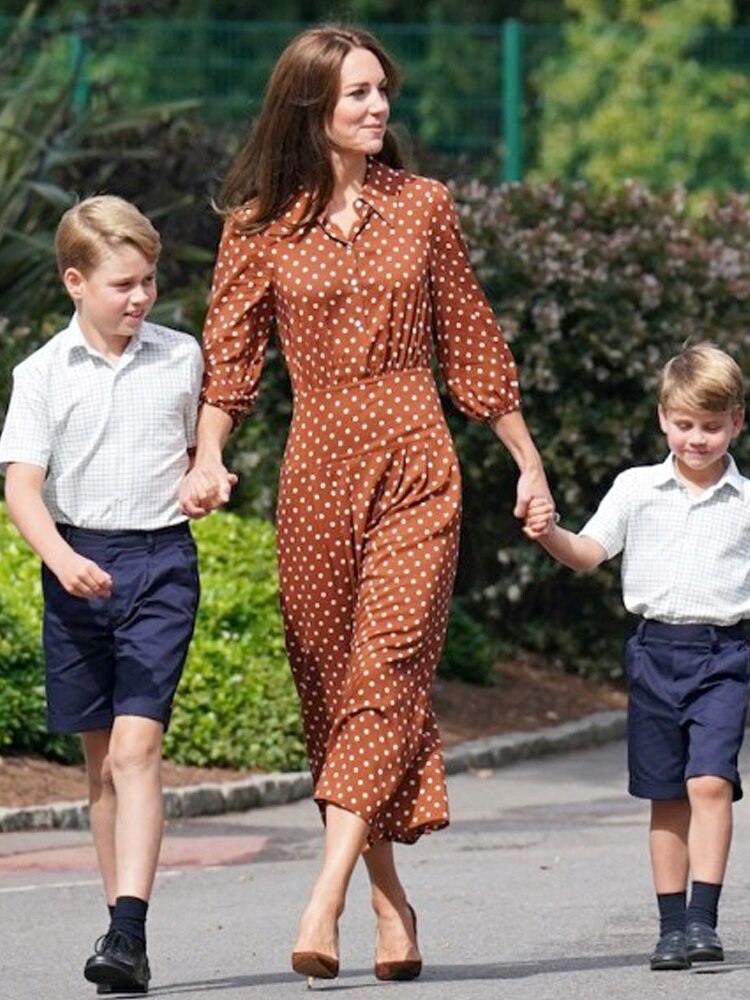 Kate Middleton Brown Polka Dot Shirt Midi Dress