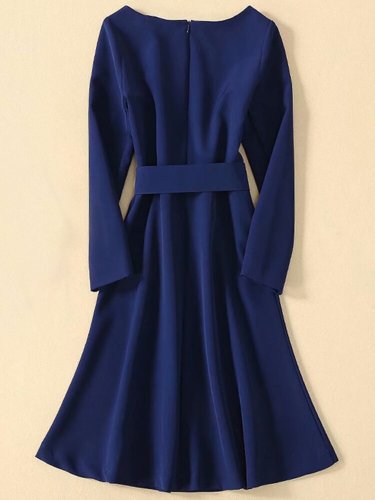 Kate Middleton Blue Belted Fit Flare Autumn Long Sleeve Dress