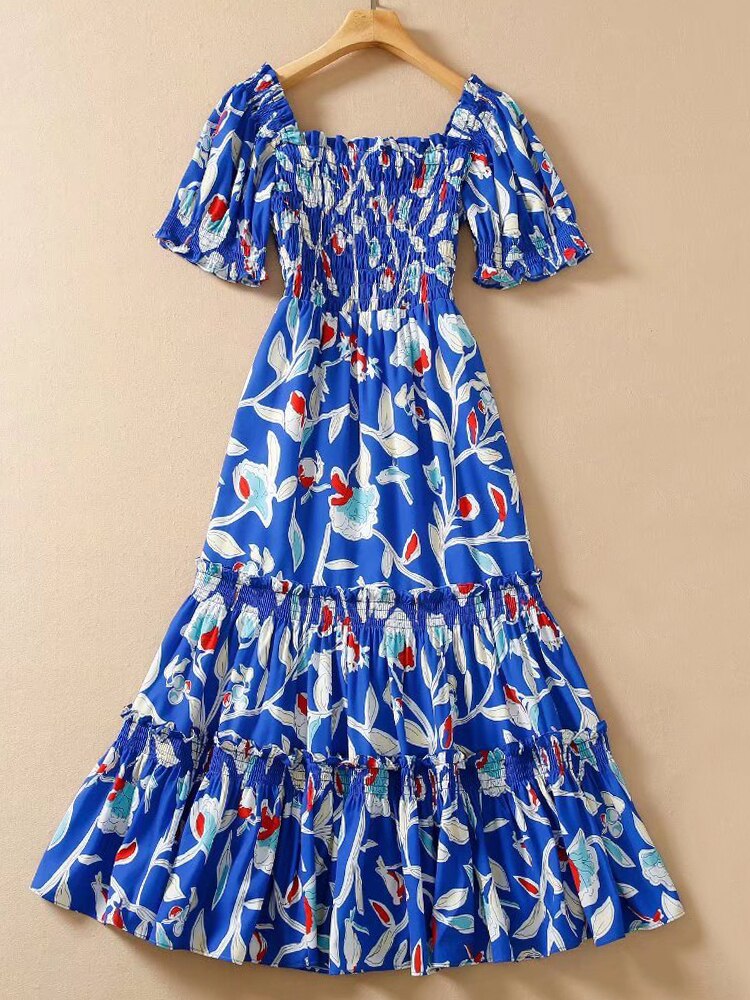 Kate Middleton Belize Bohemium Holiday Dress Painted Roses Blue Floral Midi Smocked Summer Dress