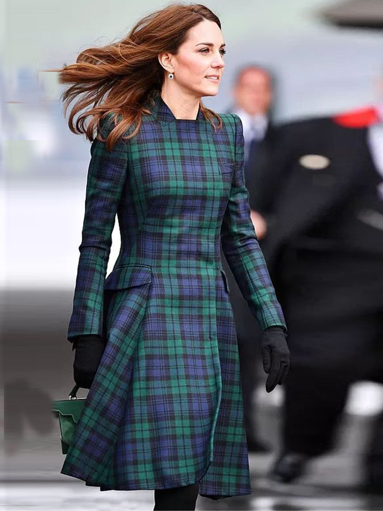 Kate Middleton Tartan Fit Flare Dress Blackwatch Navy Blue Green Check Plaid Pattern Dress