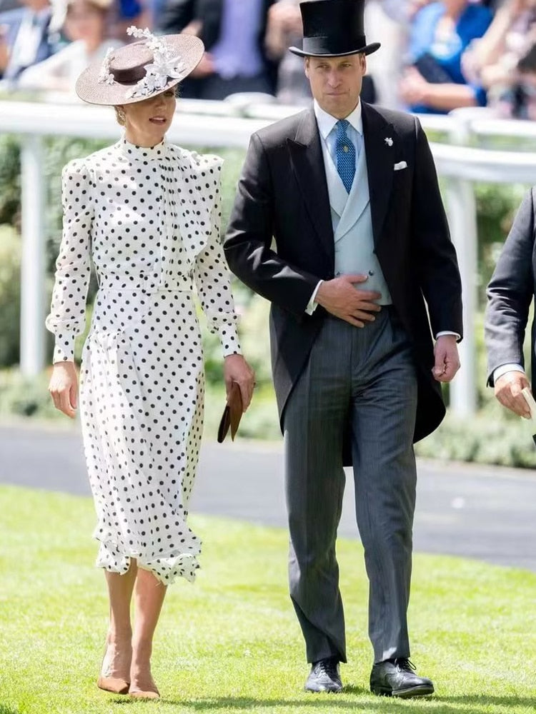 Kate Middleton White Polka Dot Midi Dress Royal Ascot Dress