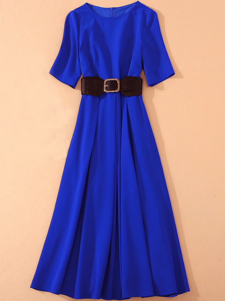 Kate Middleton Royal Blue Short Sleeve Belted Midi Dress
