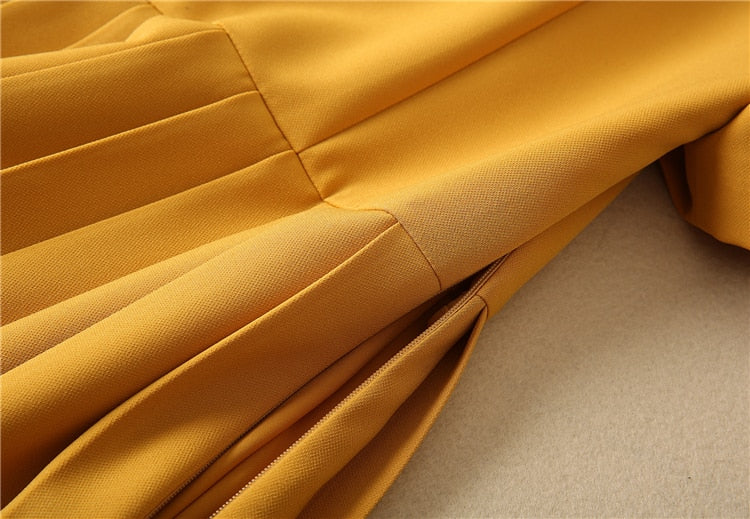 Kate Middleton Yellow Ochre Structured Crepe Pleated Belted Midi Dress