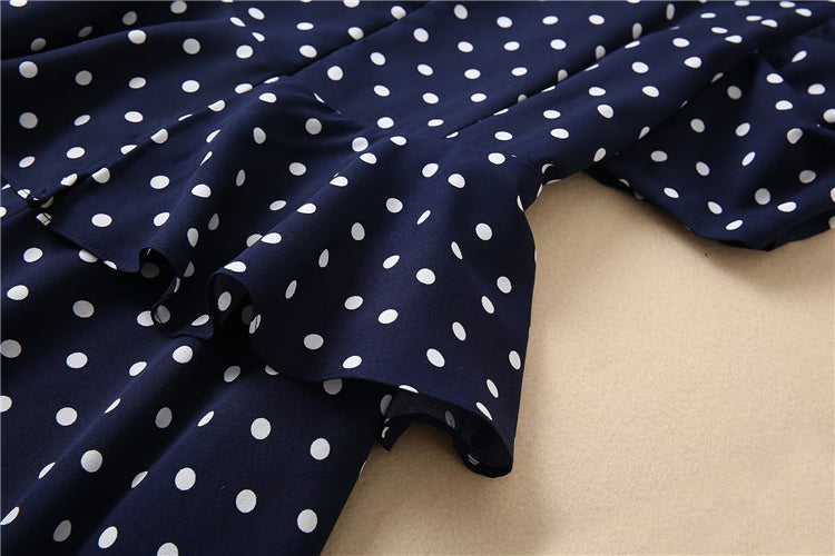 Kate Middleton Navy Blue Polka Dot Puff Sleeve V Neck Midi Dress