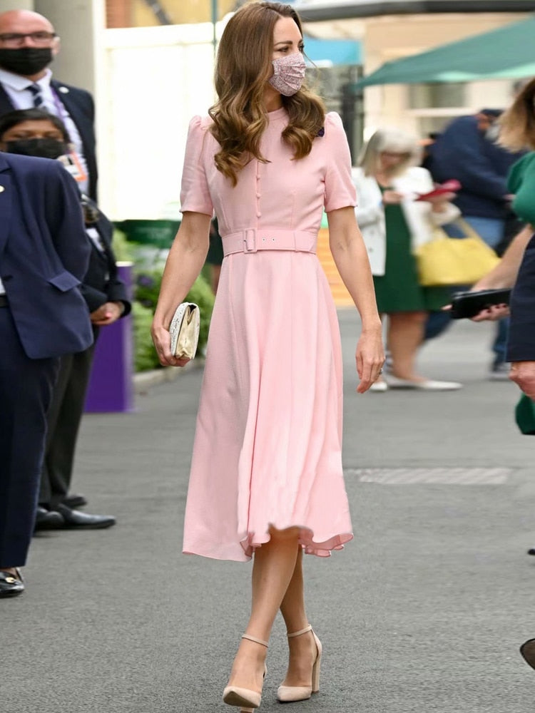 Kate Middleton Pale Pink Midi Fit Flare Belted Dress Wimbledon Occasion Dress