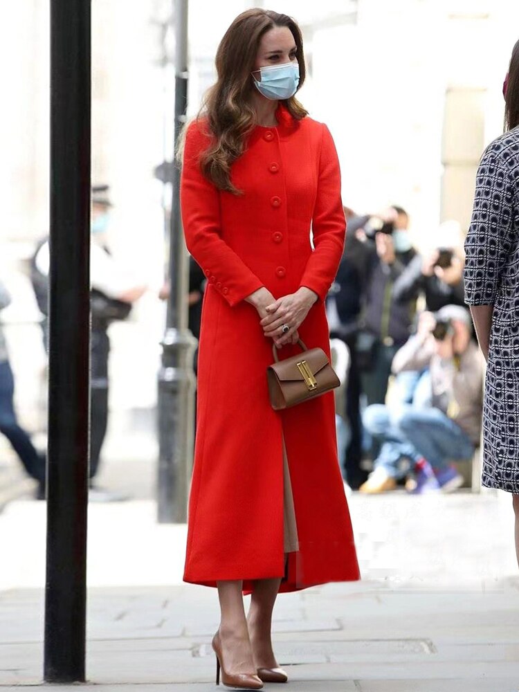 Kate Middleton Red Button Trench Coat Midi Long Jacket