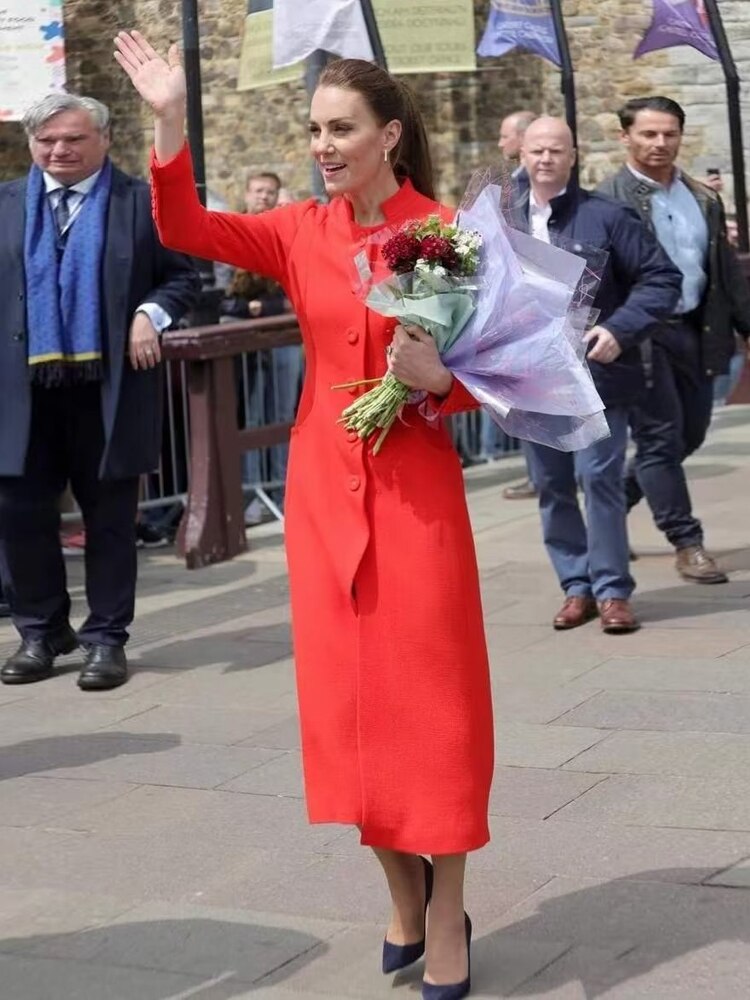 Kate Middleton Red Button Trench Coat Midi Long Jacket